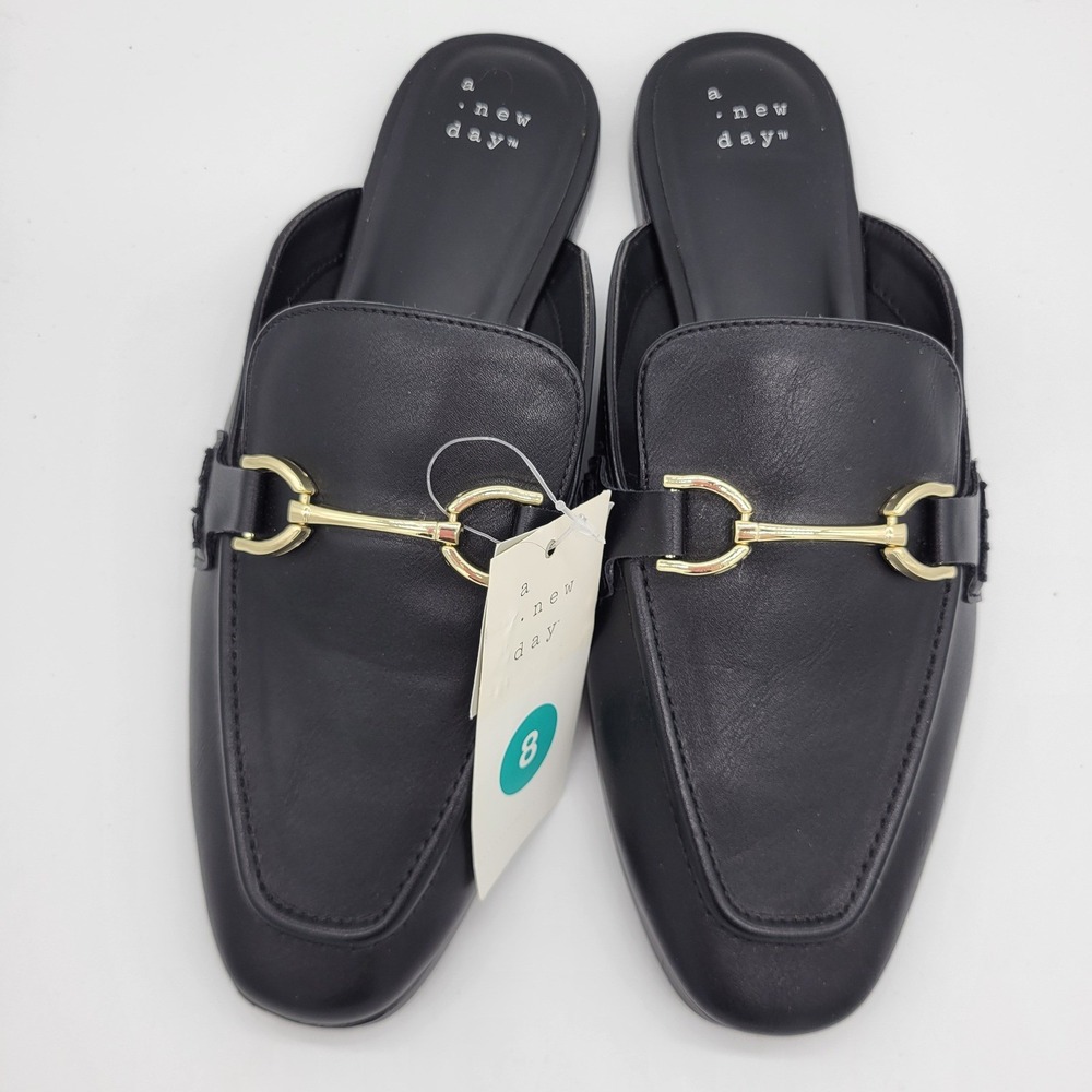 A New Day Black Horsebit Mule Loafers Gold Hardware Flat Slip On Shoes Womens 8